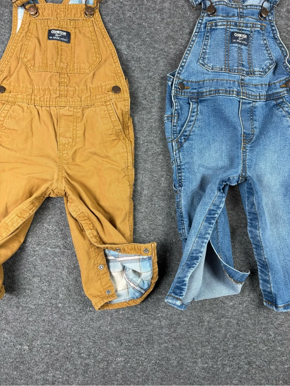 ⁠Bundle OshKosh B'Gosh Boys 18M Denim & Tan Canvas Flannel Lined Overalls Lot 2